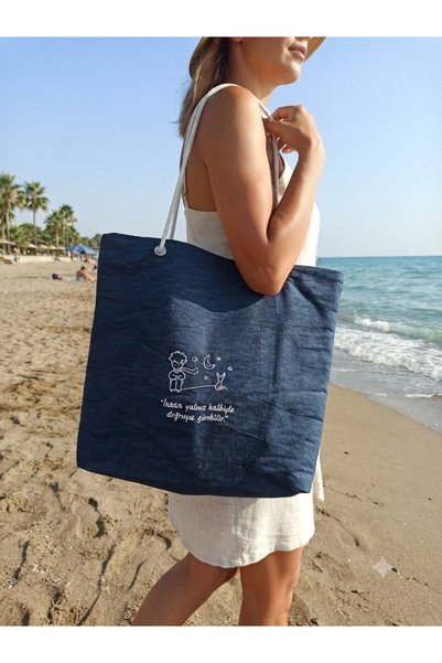 HANK The Little Prince Embroidered Navy Blue Denim Look Linen Fabric Shoulder Bag