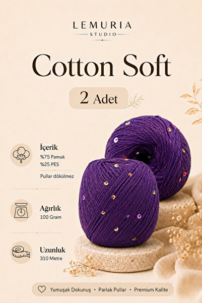 Lemuria Studio Cotton Soft 2 Adet Pullu Pamuk Örgü İpi, Yumuşak Dokulu Premiu...