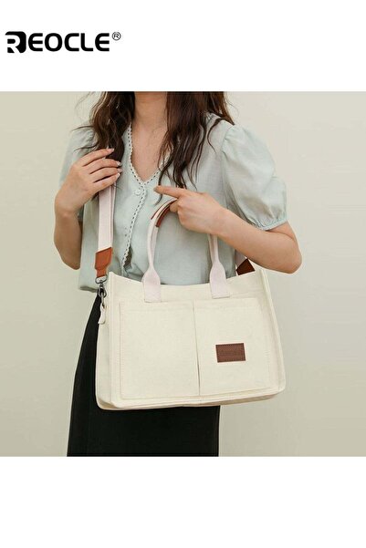 REOCLE Women's Canvas Tote Bag with Top Handle and Multi Pocket Design Crossb...