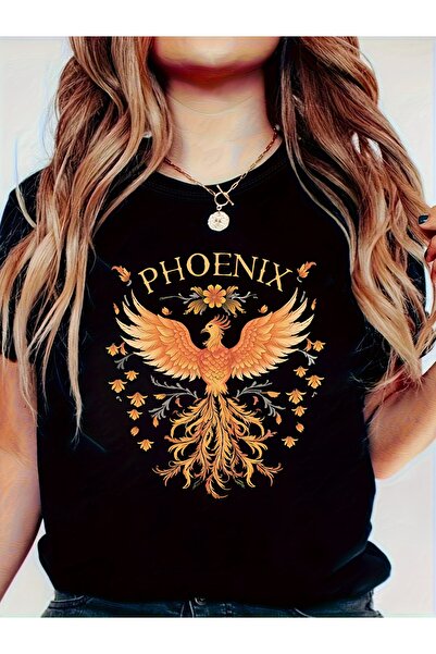 2mcup تي شيرت بطباعة جرافيكية من PHOENIX، قميص كاجوال بأكمام قصيرة وياقة دائر...