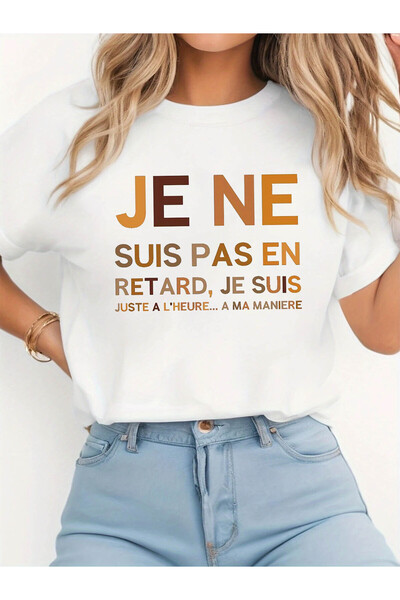 23 nisan تي شيرت بطباعة نصية 'NE PAS EN RETARD, JE SUIS'، قميص كاجوال بأكمام ...