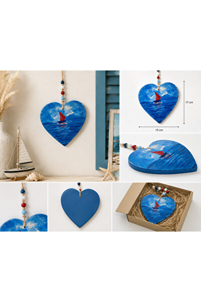 ELSA El Boyaması Yelkenli Deniz Manzaralı Ahşap Kalp Duvar Süsü 17×15 cm