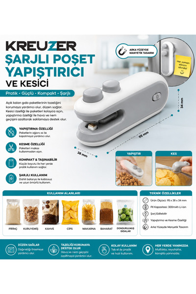 KREUZER Şarjlı Mini Poşet Yapıştırıcı ve Kesici – 95 x 38 x 34 mm | Mutfakta ...