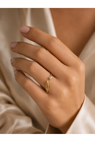 Belasso Steel Gold Color Leaf and Single Stone Model Women's Ring