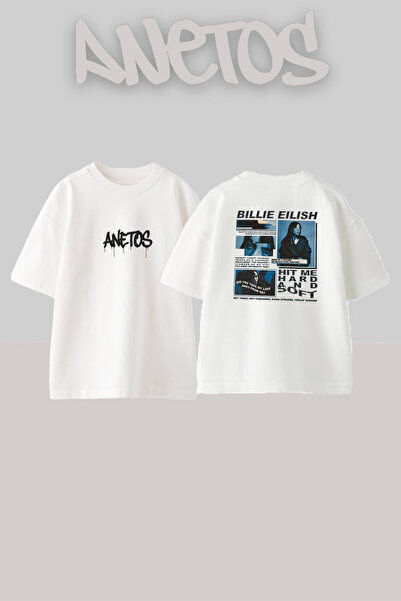 Anetos تي شيرت أبيض كبير الحجم مطبوع بتصميم Billie Eilish_107 للجنسين