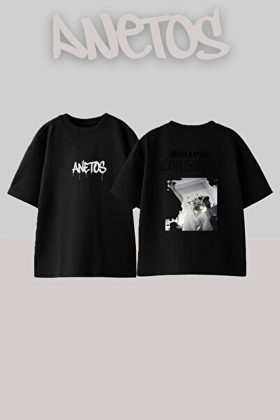 Anetos Slim Shady_1 Μαύρο μπλουζάκι με στάμπα σχεδίου, Unisex, Oversize