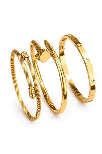 Nevara 3Pcs Stainless Steel Gold Bracelet Set for Women Nail Bracelet Cable B...