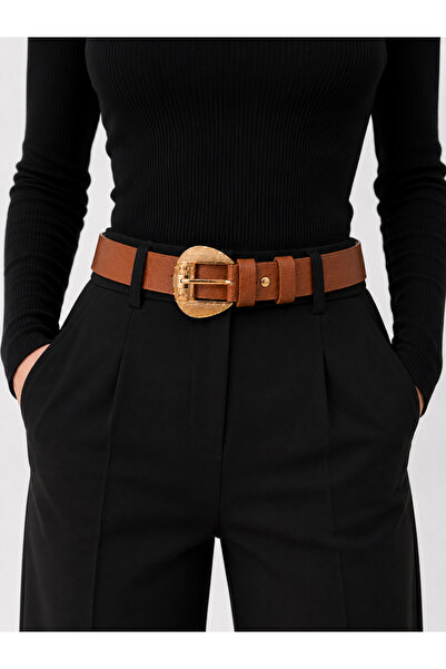 kemer krallığı Women's Tan Gold Buckle Trousers & Waist Belt