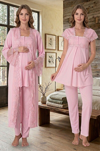 lohusahamile Princess Lace 100% Cotton Maternity Pajama Set with Dressing Gown