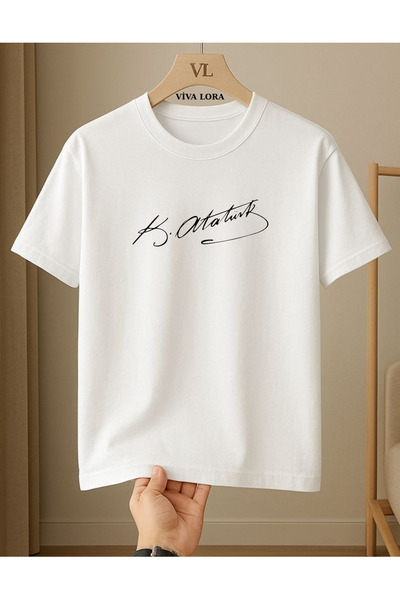 VİVA LORA Ataturk Signed 100% Cotton Crew Neck Unisex Regular T-Shirt