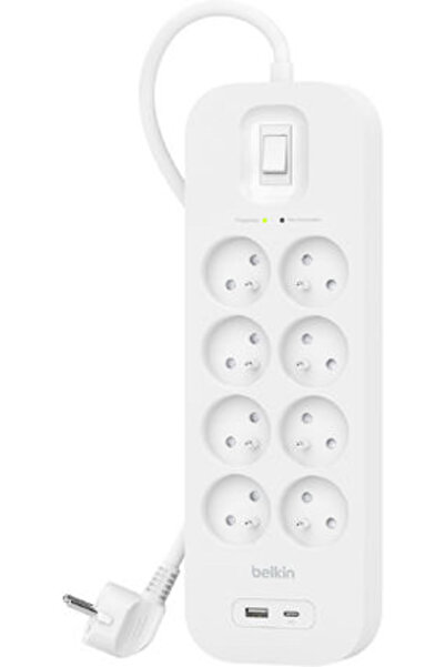 Belkin Prelungitor cu protecție la supratensiune, 8 prize, cu 1 USB-A, 1 USB-...