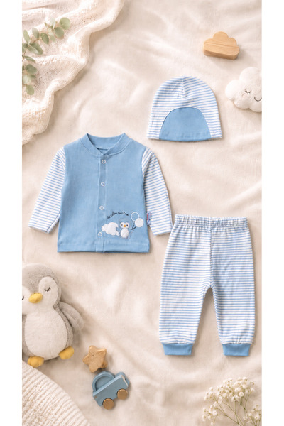 Yenidoğan Bebek Üçlü Takım Minik Penguen Desenli Pamuklu Set