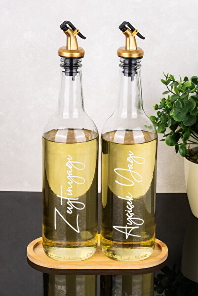 Dolkin Home İkili 750 ml Bambu Stantlı Beyaz Etiketli Ayçiçek Yağı ve Zeytiny...
