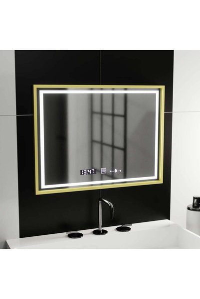 CMHOME Oglinda LED Rectangulara, 80x60cm, Verite Royale Gold MotionGlow Marcello, Sistem Dezaburire, Ceas & Termometru, Dimabila