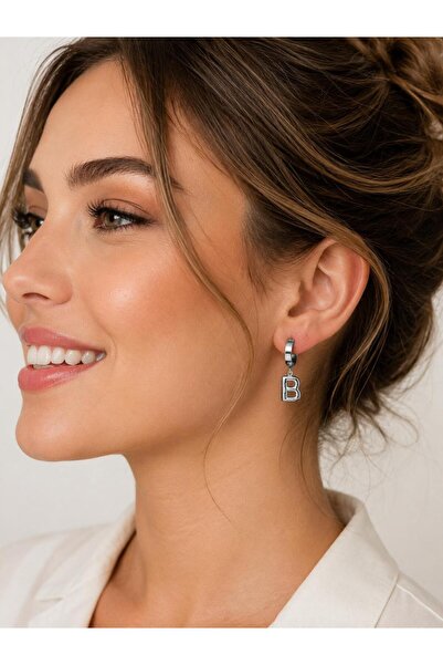 yes ticaret Letter-Stoned Steel Dangle Earrings for Women – Silver Color