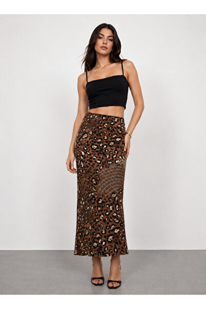 MAİMODA Women's Patterned High Waist Flared Satin Skirt