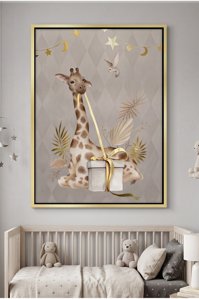 Jasmine Art Boho Giraffe Kids Wall Art | Portrait Framed Canvas Print with Go...
