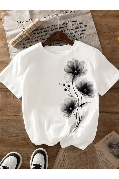 STITCHLY تي شيرت نسائي جديد لعام 2026 بتصميم زهور شفافة بنمط الحبر - تصميم بس...