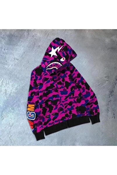 velmorafashion Unisex 2 İplik Bape Kapüşonu Fermuarlı Hırka - Mor