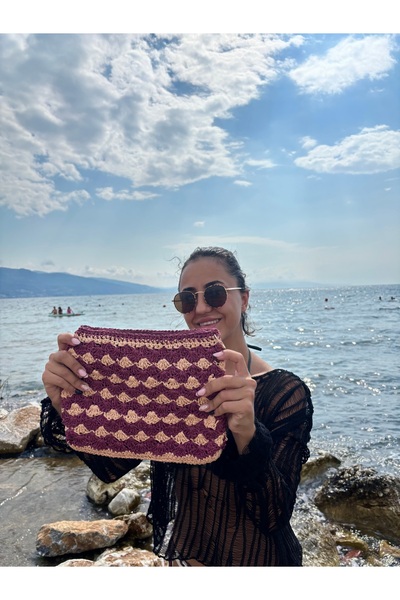 Elias Studios El Örgüsü Clutch Çanta Bordo Bej El Yapımı Kadın El Çantası