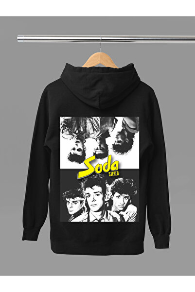 MAGORS سويت شيرت روك بقلنسوة من القطن مطبوع عليه SODA STEREO بأكمام طويلة و3 ...