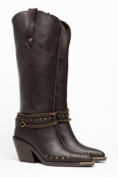 DENORA Bitter Brown Matte Leather Metal Toe Cap Below the Knee Staple Belt De...