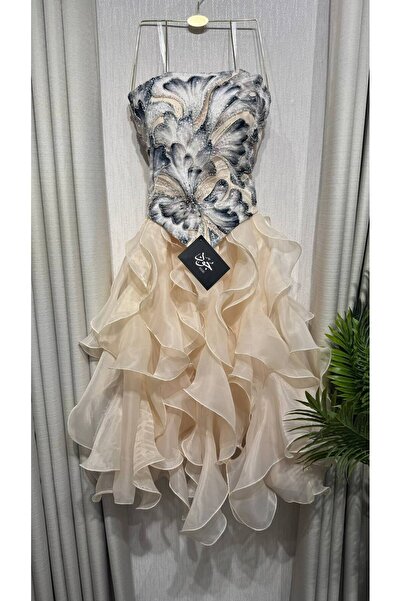 Jood Short Evening Dress with Beaded Corset and Organza Ruffle Skirt