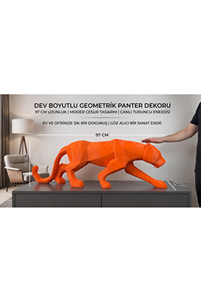 Parti Plato Modern Geometrik Tasarım Dev Boy Turuncu Panter Heykeli - 97 cm 3...