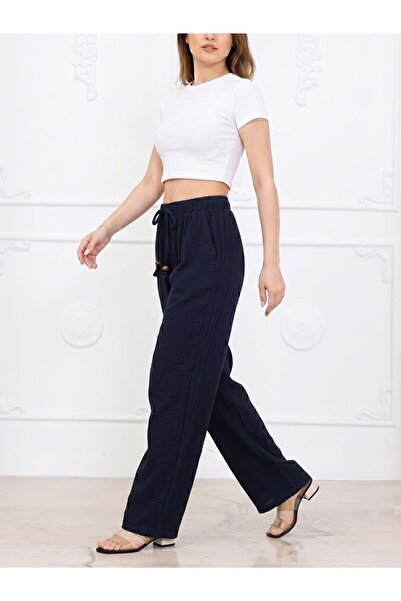 Flubutik Women's Cotton Muslin Fabric Loose Trousers Navy Blue