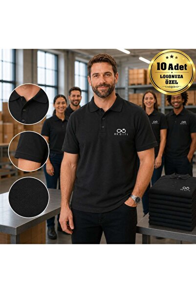 Bk Gift 10 Black Polo Collar T-Shirts with Your Logo - Cotton Unisex Corporat...