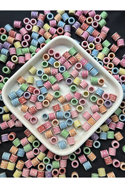 Bijumix Aksesuar 50 Adet 8x8 mm Renkli Çiçek Desenli Silindir Boncuk Seramik ...