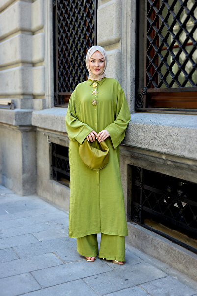 LOCCO Women's Buttoned Waist-Tie Long Shirt Suit Pistachio Green