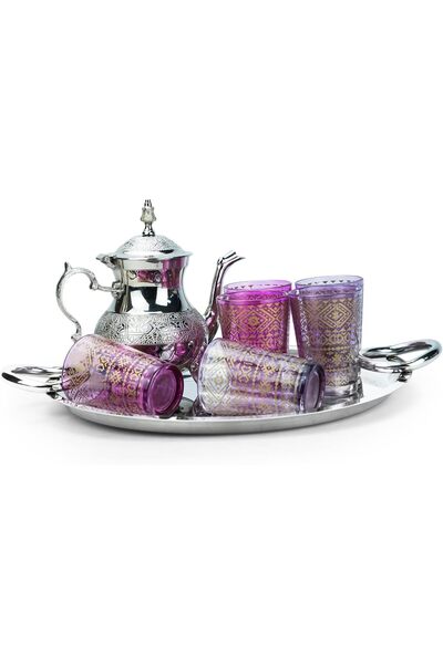 Cuisine Art ZOHA Moroccan Tea Set Brass Glass Silver Teapot 6 Gold Pattern Gl...