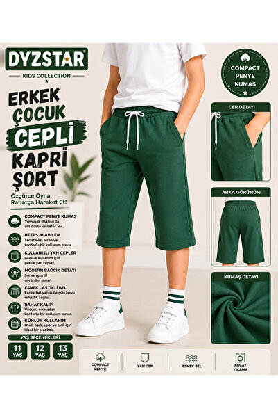 DYZSTAR Erkek Çocuk Cepli Kapri Şort Yeşil Compact Penye Rahat Kalıp Lastikli...