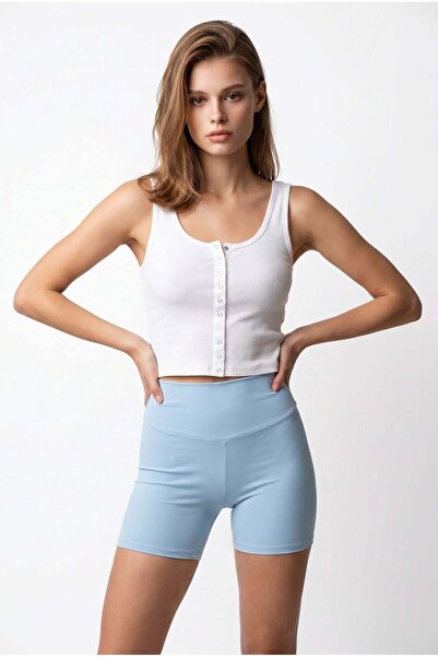 Mixray 2137 Women's Sports Casual High Waist Gathering Shorts Leggings Baby Blue