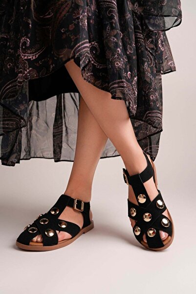 SEFERİ Black Side Buckle Buttoned Closed-Front Comfortable Short Heeled Sanda...