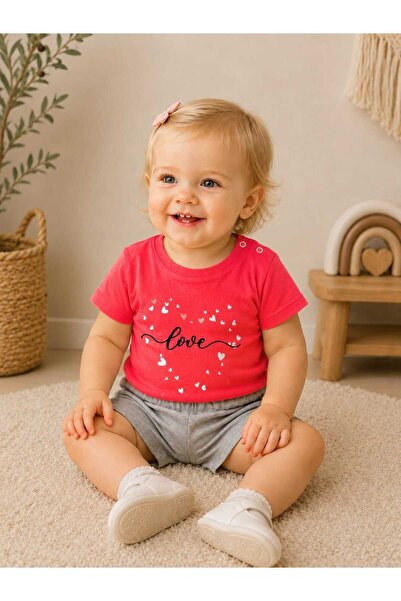 krm kerem bebe 100% Cotton Love Printed Summer Two-Piece Baby Girl Set with S...