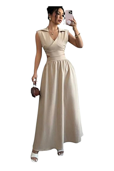 OEM Rochie maxi, din in, model de vara, kaki, S