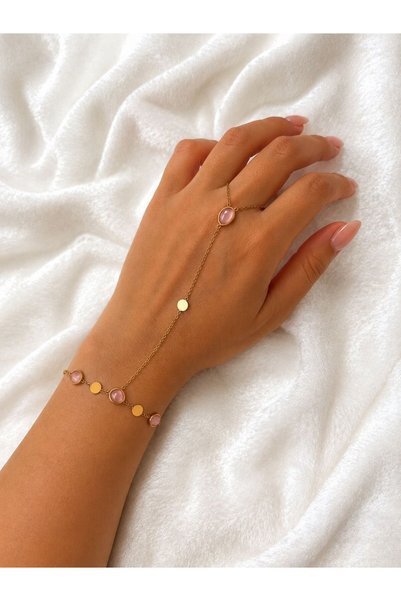 yes ticaret Pink Stone Detailed Gold Color Steel Şahmeran Hand Chain Women's Bracelet