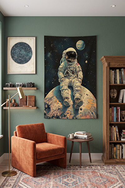 Milura Gezegende Oturan Astronot Uzay Duvar Örtüsü – Modern Dekoratif Kalitel...
