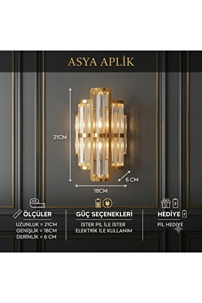 PareysHome Asya Gold LED Duvar Apliği Kristal Dekoratif Aplik Pilli Elektrikl...