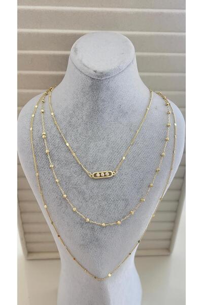Gosea Gold Color 3 Layered Multiple Chain Necklace with Zircon Stone Geometri...