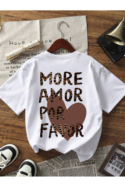 EYMORA More Amor Por Favor Heart Printed Unisex White T-Shirt 100% Cotton Aes...