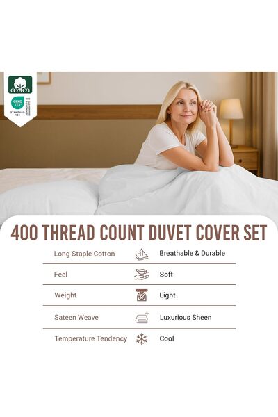 PIZUNA Pure 100% Cotton Double Duvet Cover 200x200 cm White, 400 Thread Count...
