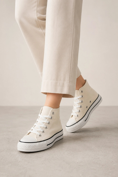 IN-STEP Lena Cream Canvas Lace-Up Ankle Women's Sneakers