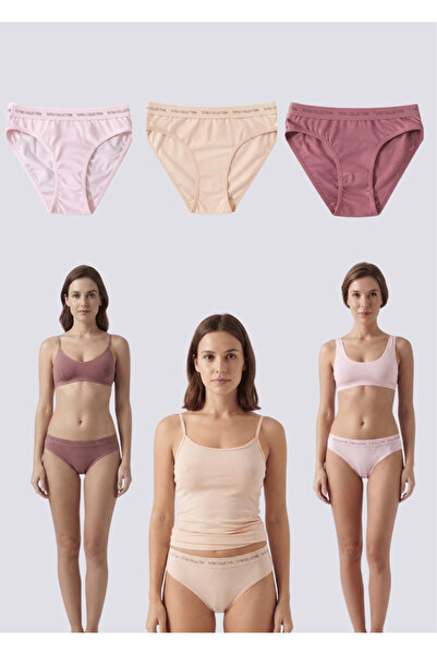 NACAR STORE Women's 3-Piece Pink-Beige-Cherry Rotten Combed Cotton Fabric Bik...