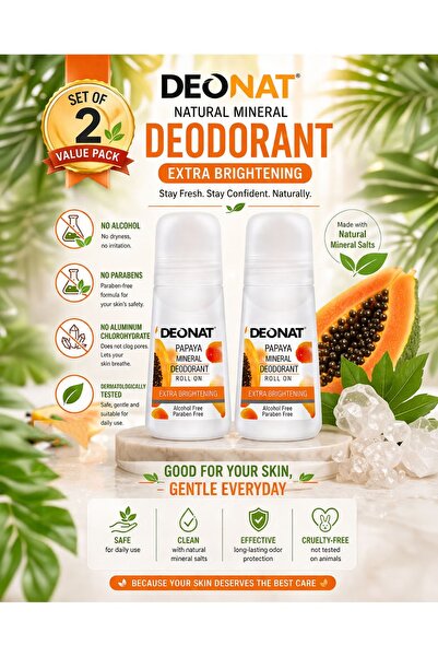 DEONAT Papaya Mineral Deodorant Roll On Extra Brightening with Papaya Extract...