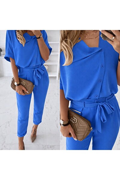 Viyamo Women's short sleeve button-down blouse and pants two-piece set