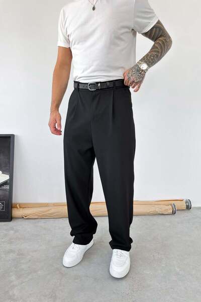 HAFKAGİYİM Black Pleated Baggy Fit Fabric Trousers