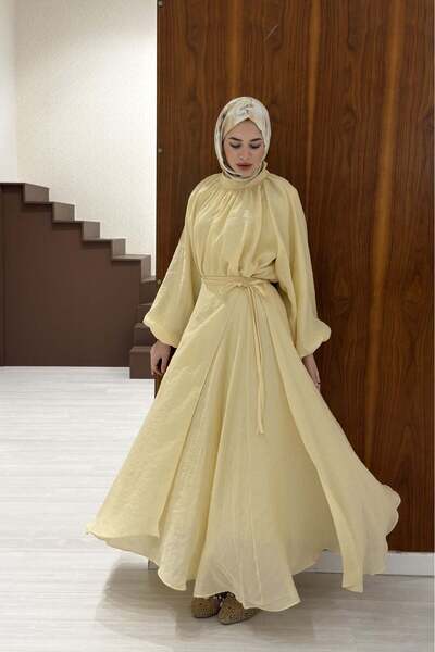 Faya Boutique Dalgalı Şifon Kumaş Butteryellow Balon Kol Takım